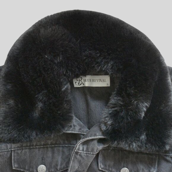 BLUE REVIVAL Women's %100 Cotton Black Denim Jacket With Fur Trim Size S - Picture 6 of 9